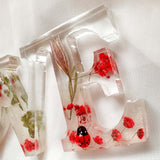 Close-up of real foraged garden greenery and red ladybug charms in resin