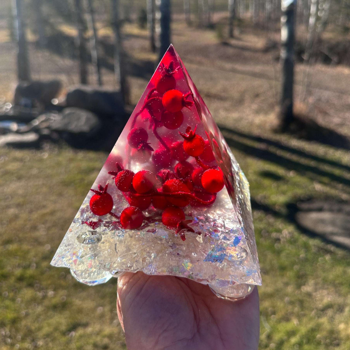 Handmade Berry Red Resin Pyramid - Winter Wonderland Night Decor