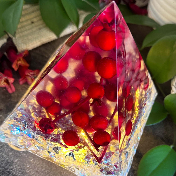 Handmade Berry Red Resin Pyramid - Winter Wonderland Night Decor