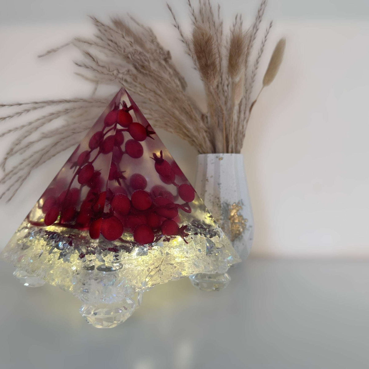 Handmade Berry Red Resin Pyramid - Winter Wonderland Night Decor