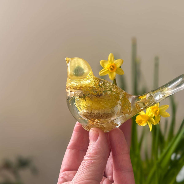 Handmade Golden Garden Songbird - Sunshine Strawflower Resin Bird