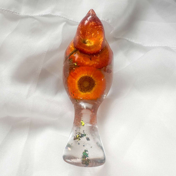 Harvest Songbird strawflower resin bird decor with real orange and burgundy strawflowers, handmade Canada