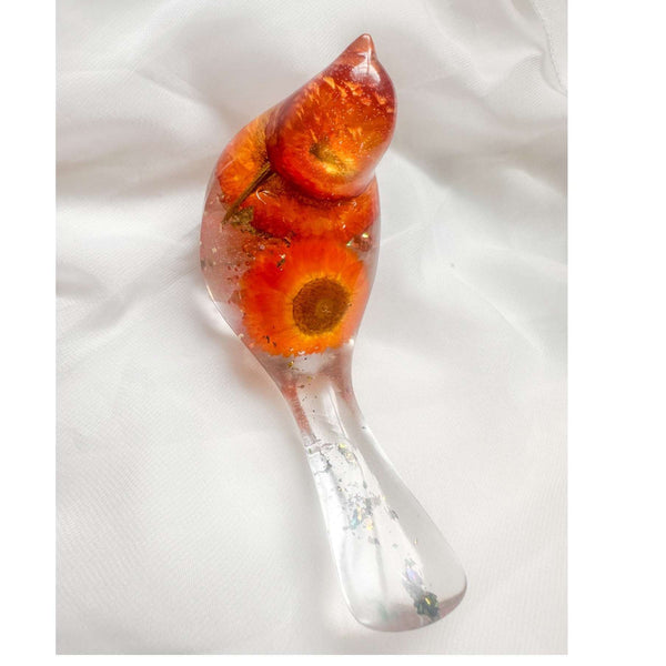 Harvest Songbird strawflower resin bird decor with real orange and burgundy strawflowers, handmade Canada