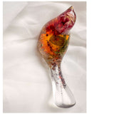 Harvest Songbird strawflower resin bird decor with real orange and burgundy strawflowers, handmade Canada