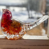 Harvest Songbird strawflower resin bird decor with real orange and burgundy strawflowers, handmade Canada