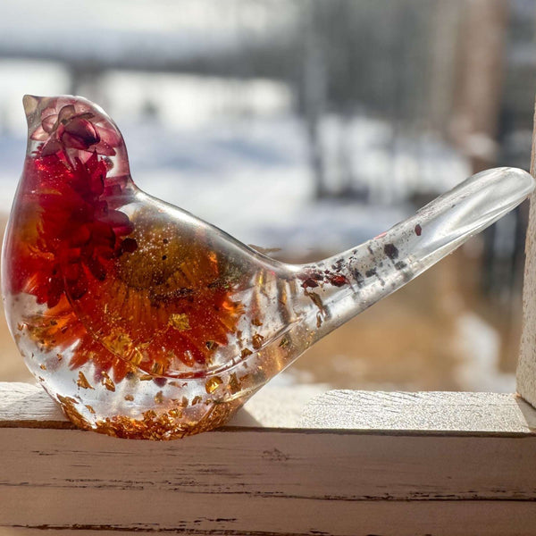 Harvest Songbird strawflower resin bird decor with real orange and burgundy strawflowers, handmade Canada