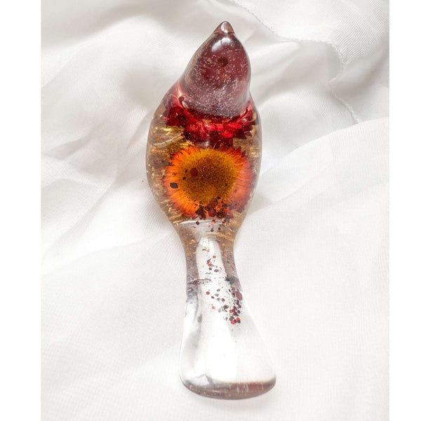 Harvest Songbird strawflower resin bird decor with real orange and burgundy strawflowers, handmade Canada