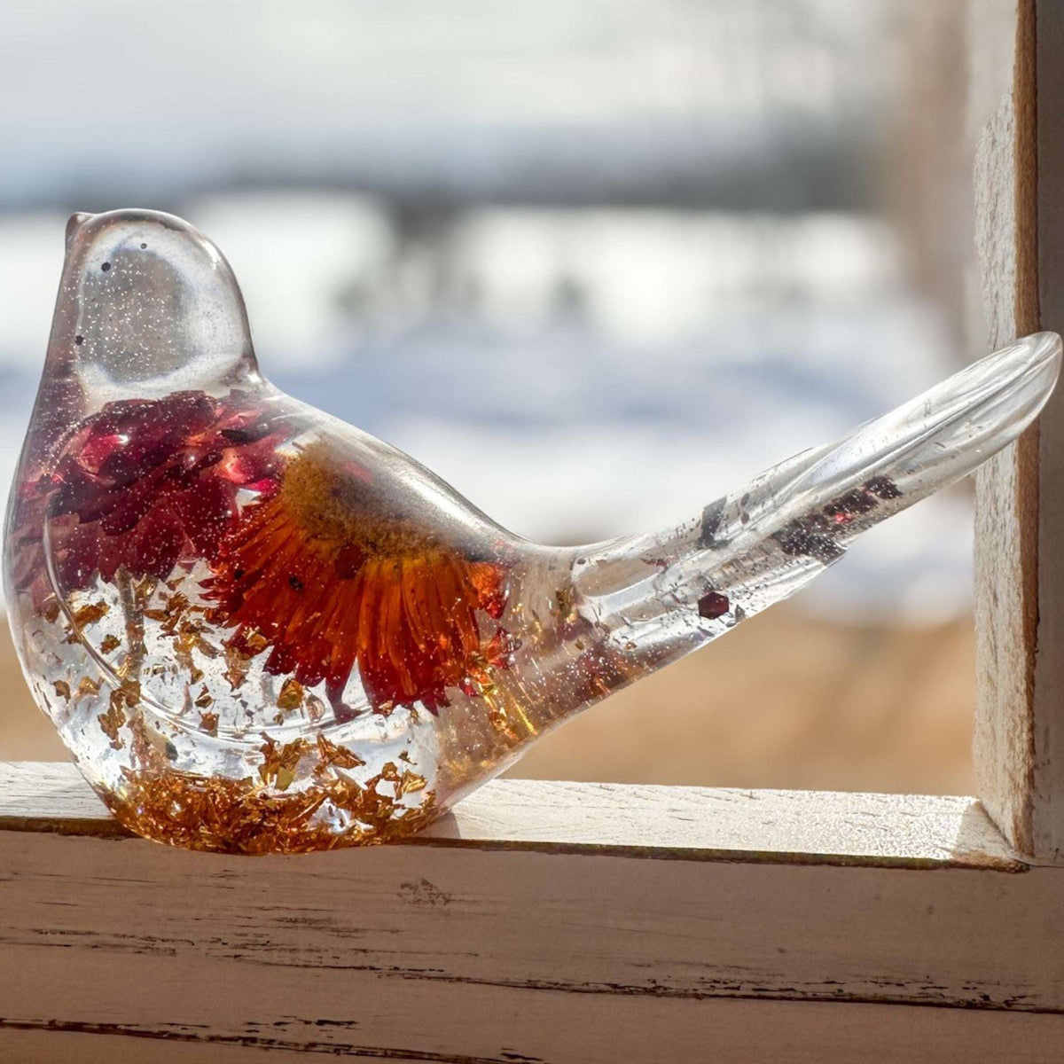 Harvest Songbird strawflower resin bird decor with real orange and burgundy strawflowers, handmade Canada
