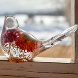 Harvest Songbird strawflower resin bird decor with real orange and burgundy strawflowers, handmade Canada