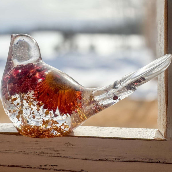 Harvest Songbird strawflower resin bird decor with real orange and burgundy strawflowers, handmade Canada