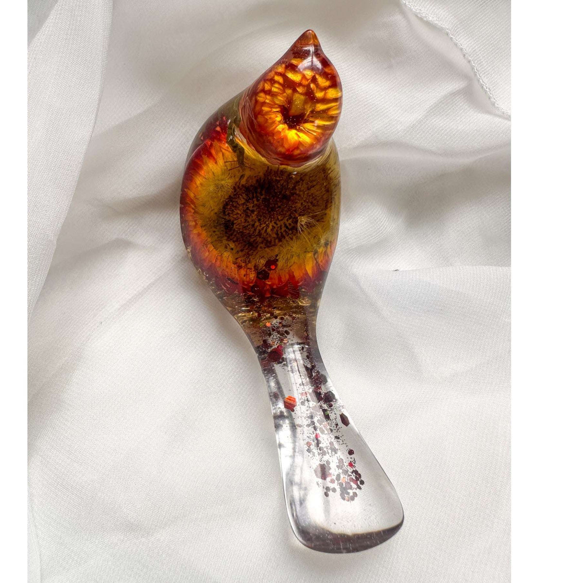 Harvest Songbird strawflower resin bird decor with real orange and burgundy strawflowers, handmade Canada