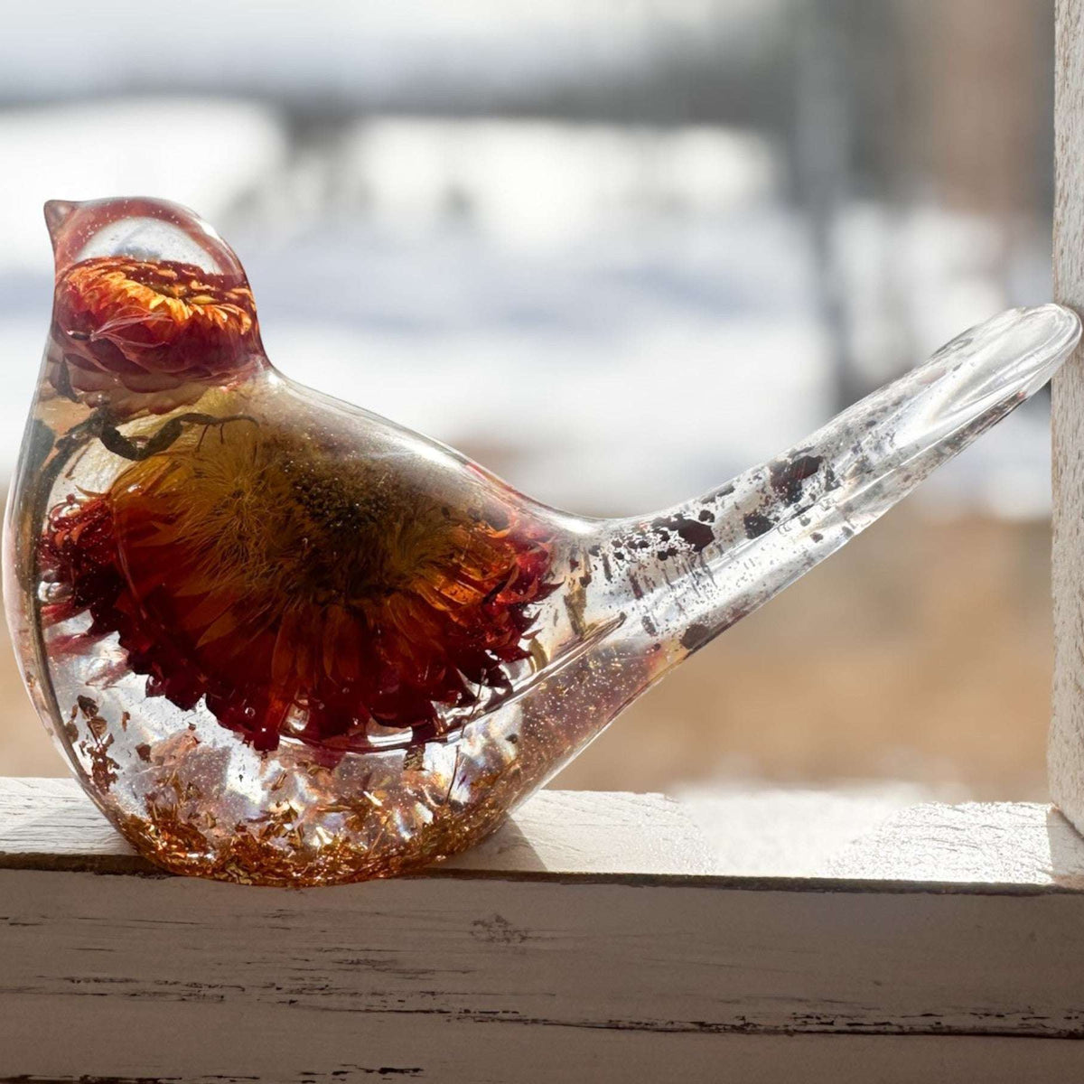 Harvest Songbird strawflower resin bird decor with real orange and burgundy strawflowers, handmade Canada