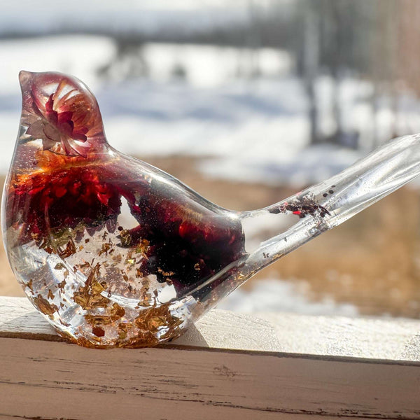 Harvest Songbird strawflower resin bird decor with real orange and burgundy strawflowers, handmade Canada