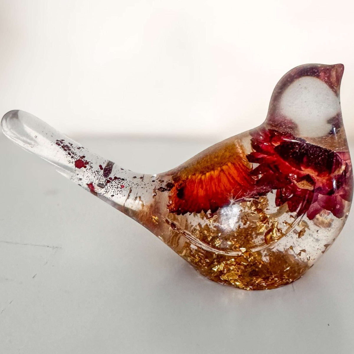 Harvest Songbird strawflower resin bird decor with real orange and burgundy strawflowers, handmade Canada
