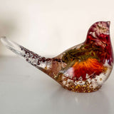 Harvest Songbird strawflower resin bird decor with real orange and burgundy strawflowers, handmade Canada