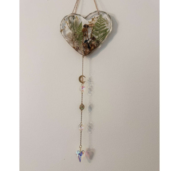 Forest Heart Suncatcher botanical resin suncatcher heart with real mushrooms ferns and moss, handmade Canada
