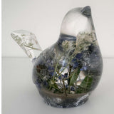 Handmade Forever Songbird memorial resin bird with preserved forget-me-nots and customizable flower base options