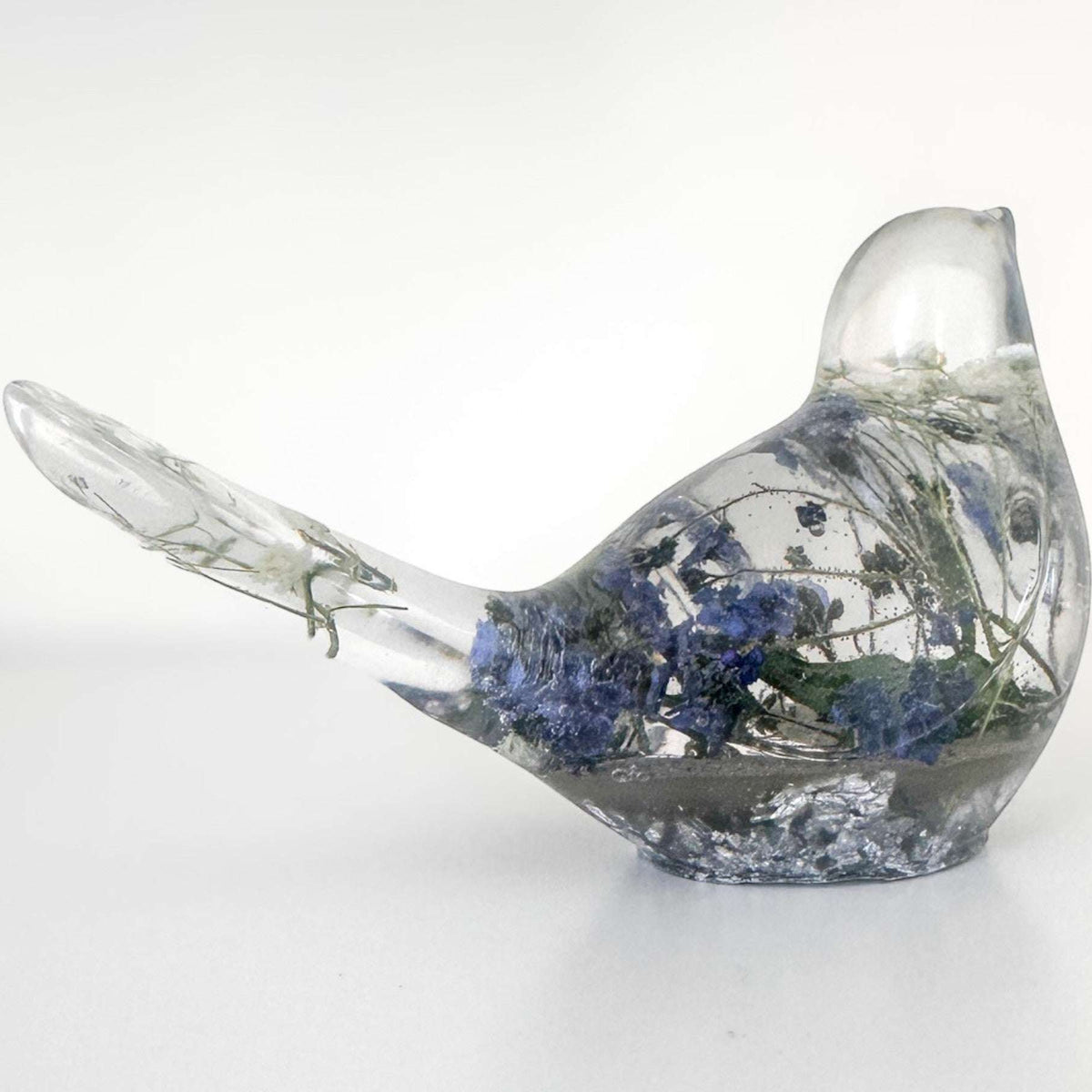 Handmade Forever Songbird memorial resin bird with preserved forget-me-nots and customizable base finish