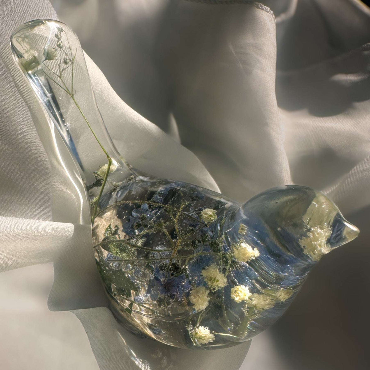Handmade Forever Songbird memorial resin bird with preserved forget-me-nots and gold leaf base