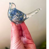 Handmade Forever Songbird memorial resin bird with preserved forget-me-nots and customizable gold, silver, or glitter base