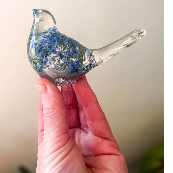 Handmade Forever Songbird memorial resin bird with preserved forget-me-nots and customizable gold, silver, or glitter base