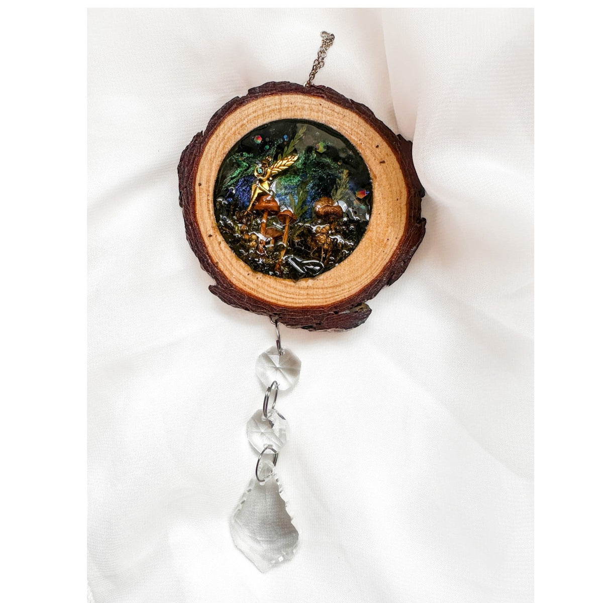 Midnight Forest Suncatcher mushroom resin wood suncatcher with real forest botanicals and obsidian stones, handmade Canada