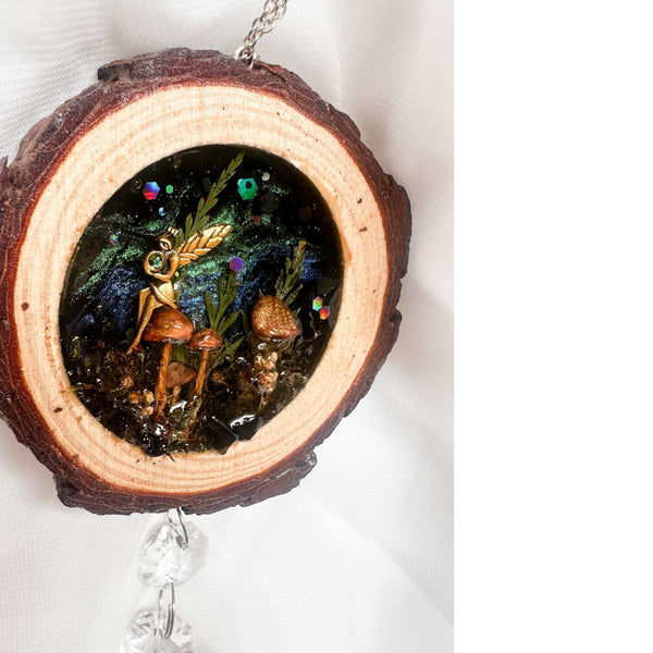Midnight Forest Suncatcher mushroom resin wood suncatcher with real forest botanicals and obsidian stones, handmade Canada