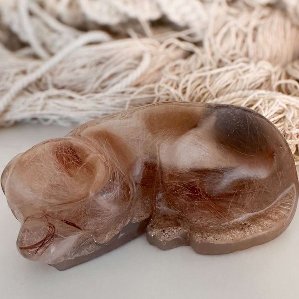 Handmade custom memorial pet resting dog resin figurine with personalized botanicals and keepsake inclusions