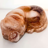 Handmade custom resting dog resin memorial pet figurine with floral inclusions