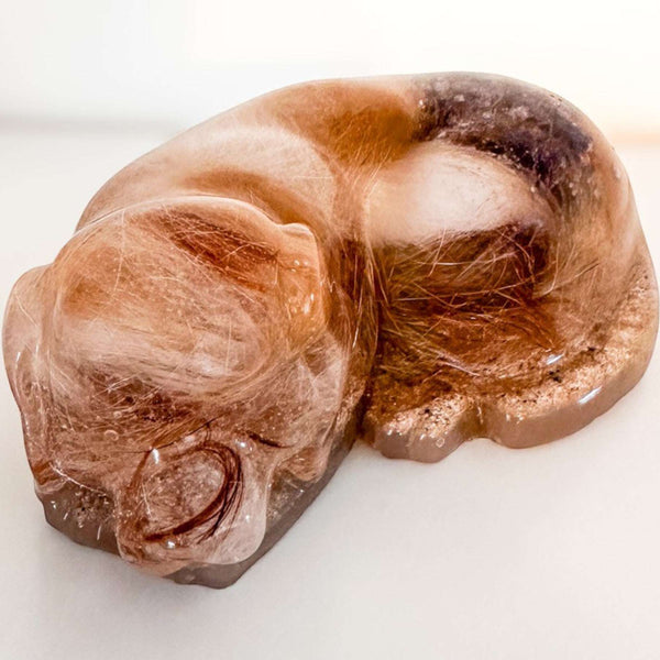 Handmade custom resting dog resin memorial pet figurine with floral inclusions