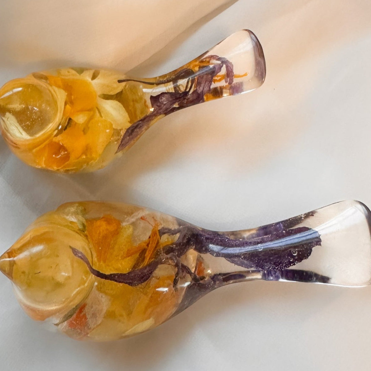 Spring Bloom Duo daffodil resin bird pair with real daffodil and purple crocus petals, handmade Canada