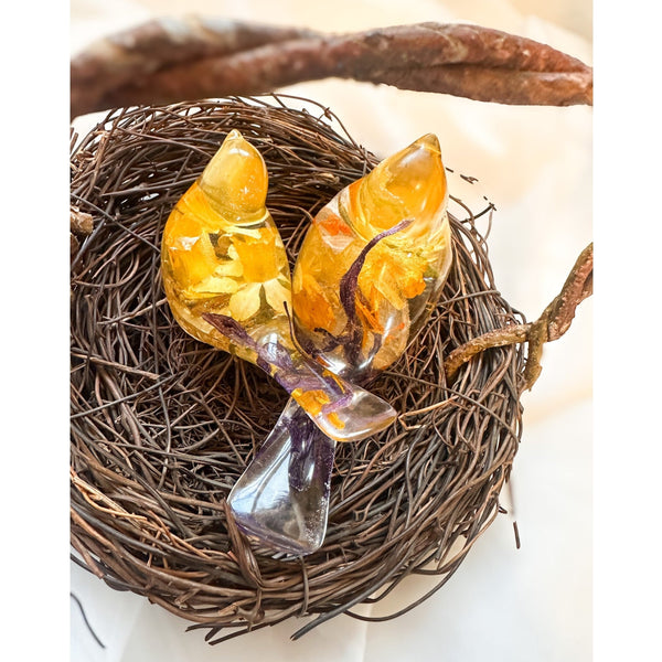 Spring Bloom Duo daffodil resin bird pair with real daffodil and purple crocus petals, handmade Canada
