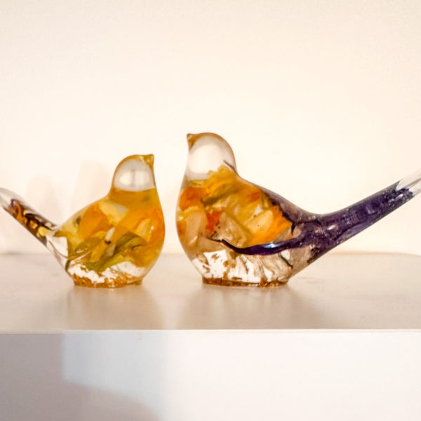 Spring Bloom Duo daffodil resin bird pair with real daffodil and purple crocus petals, handmade Canada
