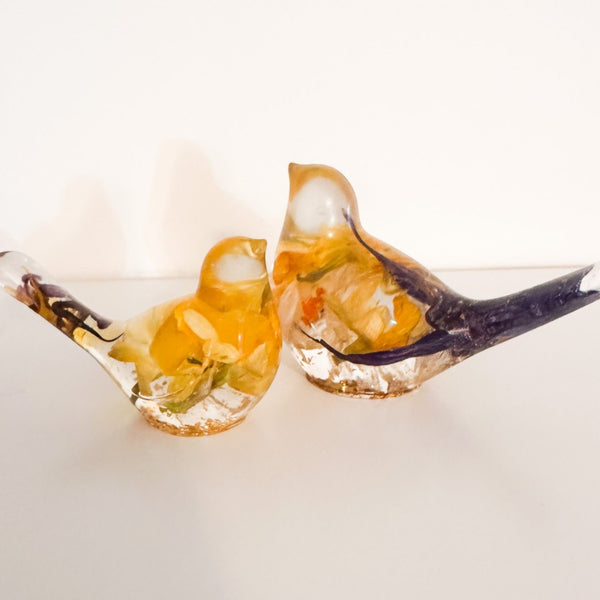 Spring Bloom Duo daffodil resin bird pair with real daffodil and purple crocus petals, handmade Canada