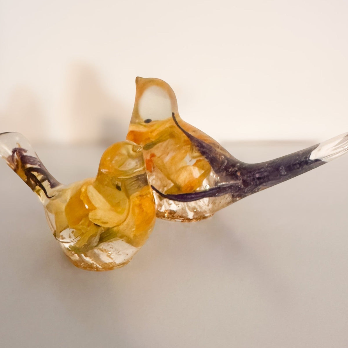 Spring Bloom Duo daffodil resin bird pair with real daffodil and purple crocus petals, handmade Canada