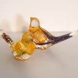 Spring Bloom Duo daffodil resin bird pair with real daffodil and purple crocus petals, handmade Canada