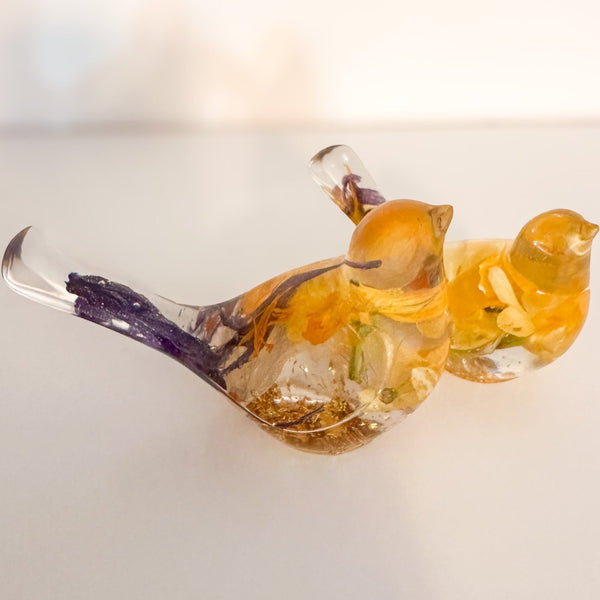 Spring Bloom Duo daffodil resin bird pair with real daffodil and purple crocus petals, handmade Canada