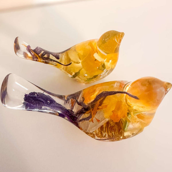 Spring Bloom Duo daffodil resin bird pair with real daffodil and purple crocus petals, handmade Canada