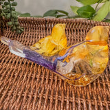 Spring Bloom Duo daffodil resin bird pair with real daffodil and purple crocus petals, handmade Canada