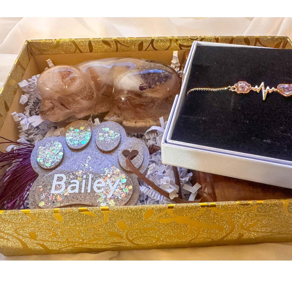 Handmade custom resting dog memorial pet keepsake resin figurine with botanical inclusions