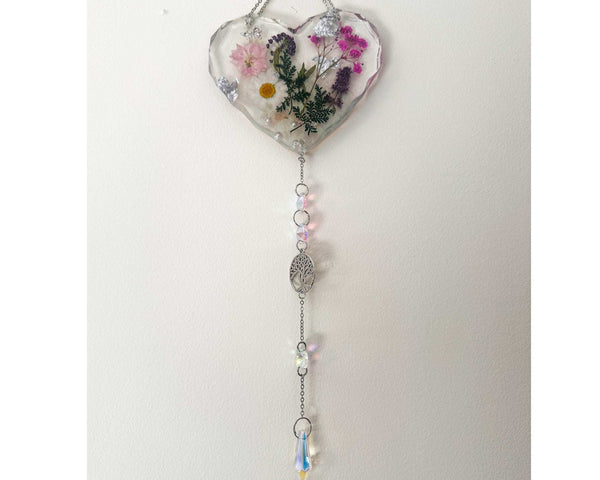 Garden Whisper Suncatcher pressed flower resin suncatcher heart with real daisies pink and purple flowers, handmade Canada