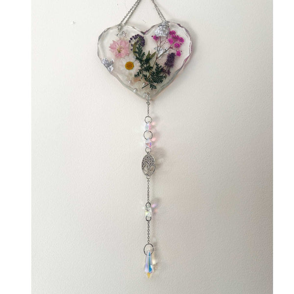 Garden Whisper Suncatcher pressed flower resin suncatcher heart with real daisies pink and purple flowers, handmade Canada
