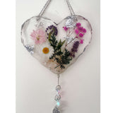 Garden Whisper Suncatcher pressed flower resin suncatcher heart with real daisies pink and purple flowers, handmade Canada