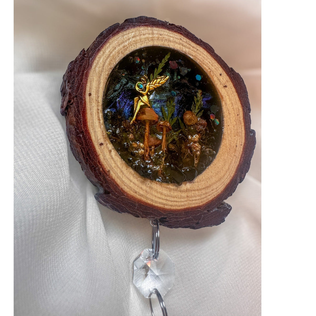 Midnight Forest Suncatcher mushroom resin wood suncatcher with real forest botanicals and obsidian stones, handmade Canada