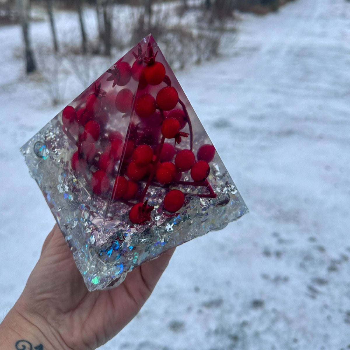 Handmade Berry Red Resin Pyramid - Winter Wonderland Night Decor