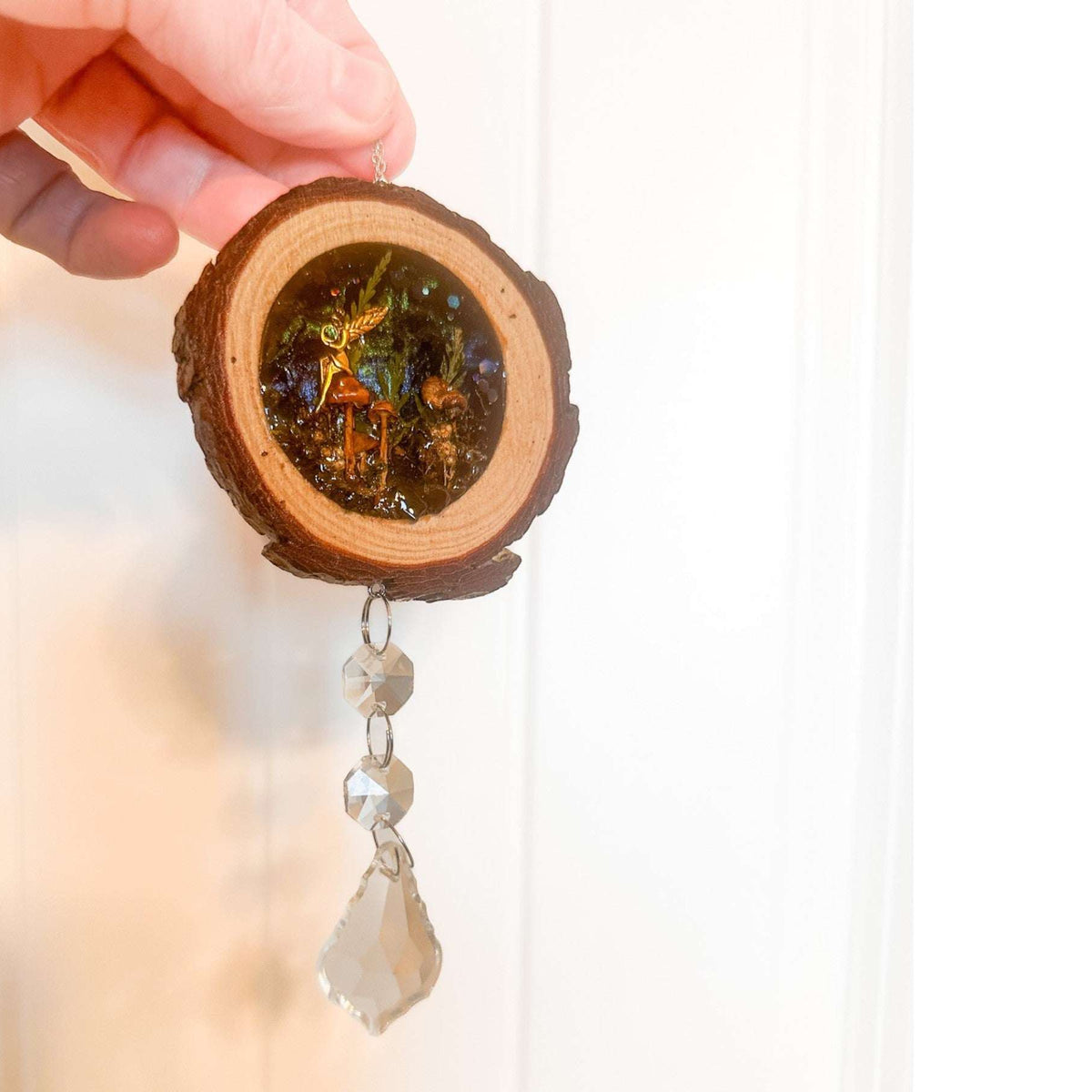 Midnight Forest Suncatcher mushroom resin wood suncatcher with real forest botanicals and obsidian stones, handmade Canada