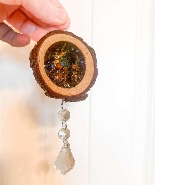 Midnight Forest Suncatcher mushroom resin wood suncatcher with real forest botanicals and obsidian stones, handmade Canada