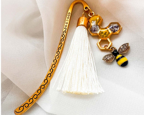 Golden Hive Bookmark honey bee bookmark handmade with real dried flowers in gold honeycomb and rhinestone bee charm