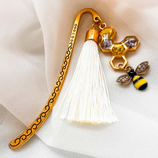 Golden Hive Bookmark honey bee bookmark handmade with real dried flowers in gold honeycomb and rhinestone bee charm