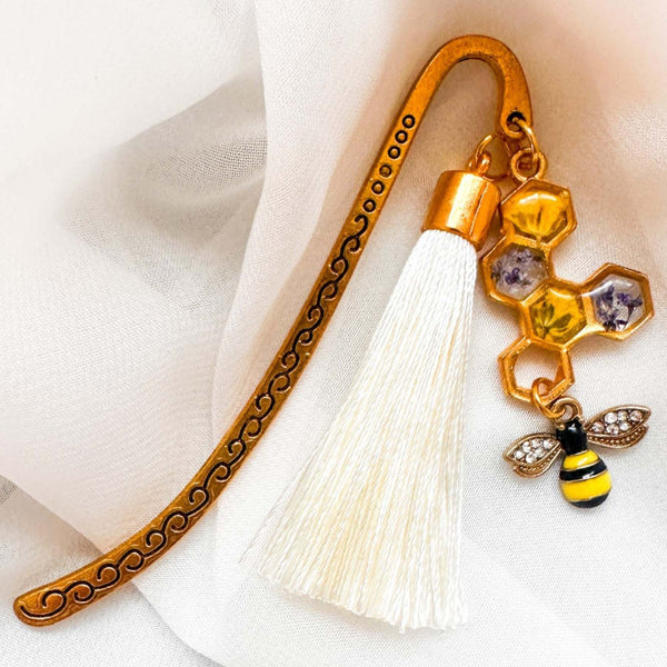 Golden Hive Bookmark honey bee bookmark handmade with real dried flowers in gold honeycomb and rhinestone bee charm